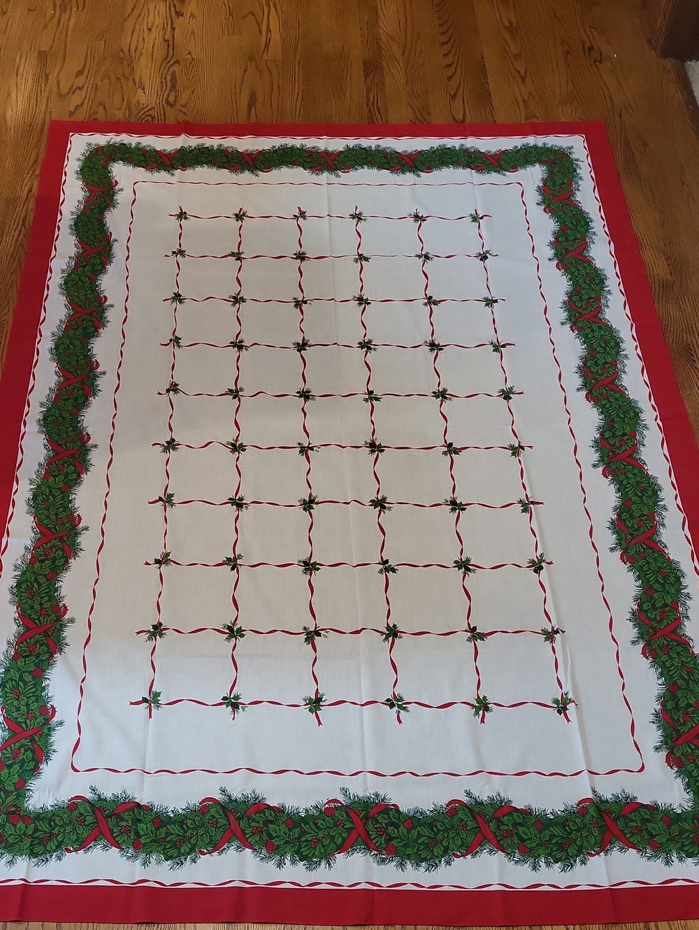 Holiday Pine & Ribbon Tablecloth - Red and Green 60x 82" square used w stains